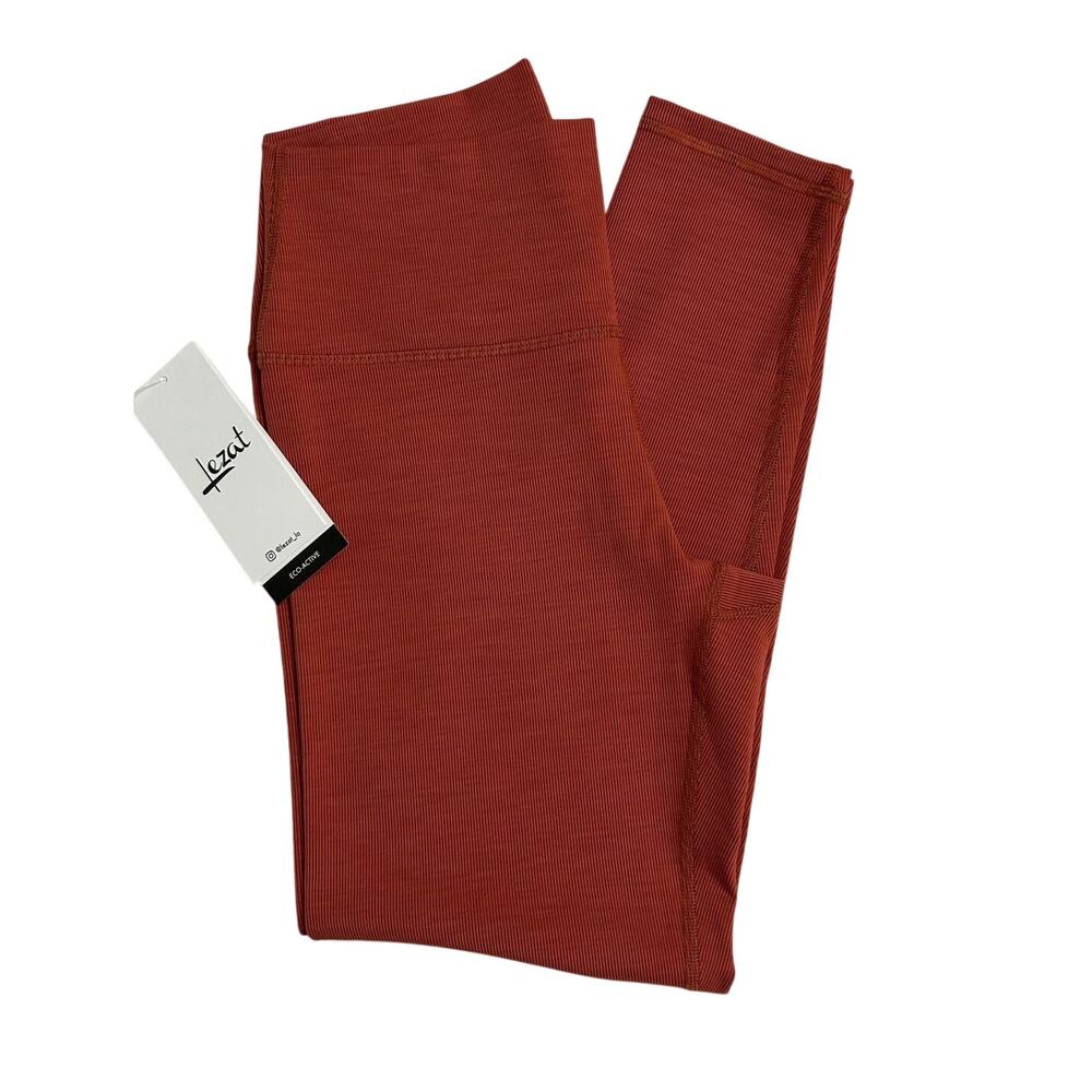 Lezat Eco Active Textured Athletic High Waist Soft Rib Rust Leggings-Medium